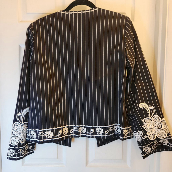 Oscar de la Renta Navy Blue Pinstripe Embroidered Floral Pantsuit Sz: 10 cotton - Picture 8 of 14